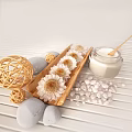 Home Living Essentials With Wooden Tray Sunflowers Pebbles Wicker Balls And Cream Jar