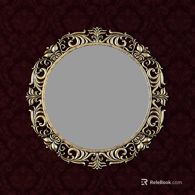 Round Mirror With Golden Ornate Frame On Dark Red Patterned Wallpaper 3d model