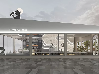 Modern Bubble Tea Shop Exterior Design With Glass Windows Interior Lighting And Green Plants 3d model