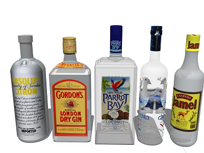 Assorted Liquor Bottles Including Gordon's Gin Parrot Bay Coconut Rum Jamel And Vodka 3d model