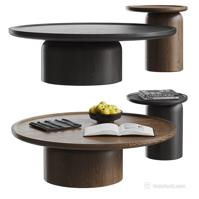 Round Wooden Coffee Table With Open Book Bowl Of Yellow Fruits And Dark Wood Base 3d model 