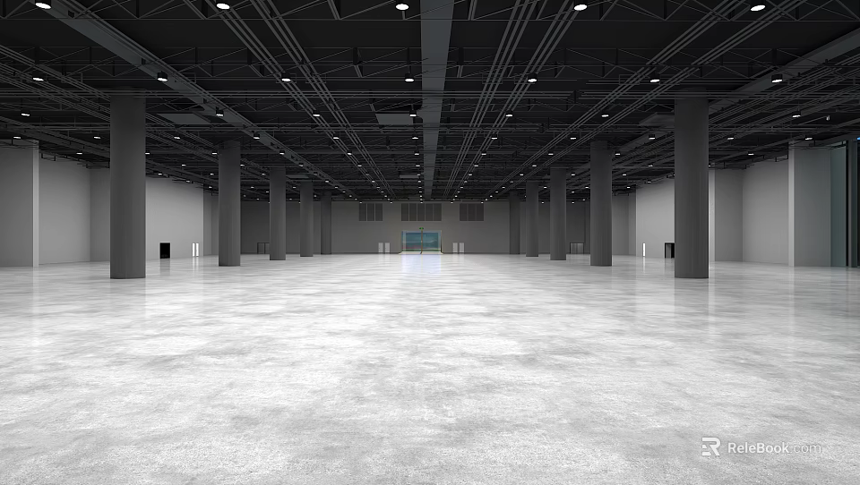 Spacious Empty Indoor Hall With Concrete Floor Columns And Ceiling Lights 3d model 
