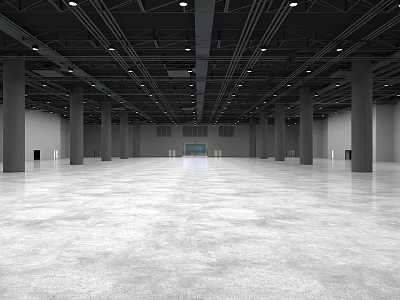 Spacious Empty Indoor Hall With Concrete Floor Columns And Ceiling Lights 3d model