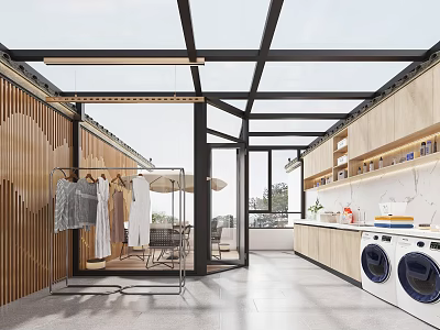 Bright Multi Functional Space With Glass Roof Wooden Cabinets Washing Machine And Drying Area 3d model