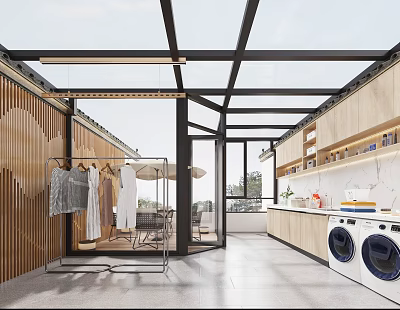 Bright Multi Functional Space With Glass Roof Wooden Cabinets Washing Machine And Drying Area 3d model