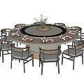 Modern Round Dining Table Set With Central Turntable Plant Placemats And Chairs 3d model
