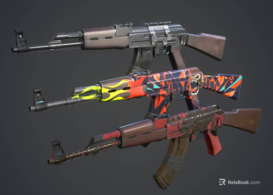Various Decorated Assault Rifles Featuring Colorful Patterns Custom Paint and Wooden Stocks 3d model 