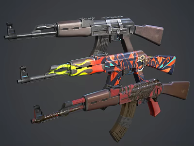Various Decorated Assault Rifles Featuring Colorful Patterns Custom Paint and Wooden Stocks 3d model