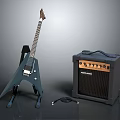 Electric Guitar on Stand with Amplifier and Cable for Musical Instrument Setup