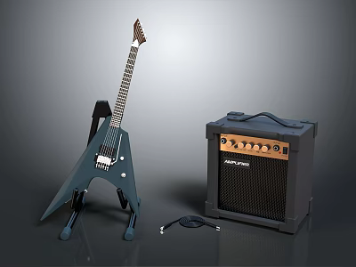 Electric Guitar on Stand with Amplifier and Cable for Musical Instrument Setup 3d model