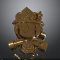 Golden Cartoon Character 3D Statue With Crown Armor And Cracked Texture On Reflective Base