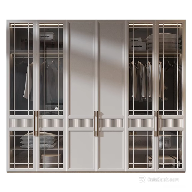Modern Wardrobe Interior Design With Glass Doors Metal Handles And Storage Shelves 3d model 