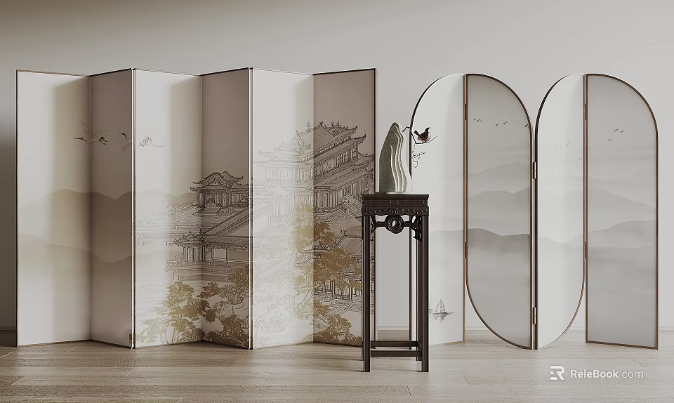 Traditional Oriental Folding Screen With Landscape Painting Ancient Architecture And Wooden Stand 3d model 