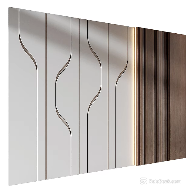 Modern Accent Wall Interior Design With White Wood Grain Wavy Lines And Light Strips 3d model 