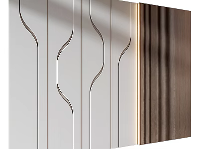 Modern Accent Wall Interior Design With White Wood Grain Wavy Lines And Light Strips 3d model