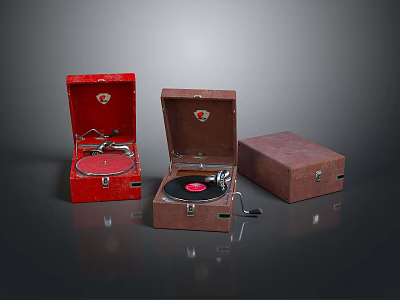 Vintage Open Phonographs In Red And Brown With Wooden Cases Retro Design 3d model