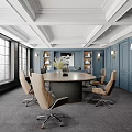 Elegant Modern Conference Room Interior With Blue Paneled Walls Round Table And Wooden Chairs