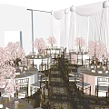 Elegant Banquet Hall Setup with Cherry Blossom Trees Round Tables and Decorative Stage