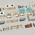 Miniature Market Stall Models Featuring Various Designs Awnings And Display Counters 3d model