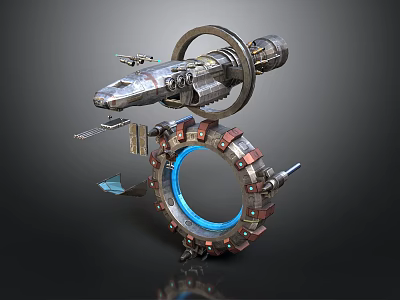 Cosmic Space Station With Ring Structure Blue Light And Mechanical Components 3d model