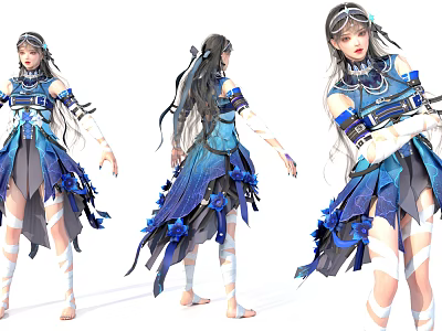 Detailed Game And Movie Character In Blue And White Flowing Dress With Flower Decorations 3d model