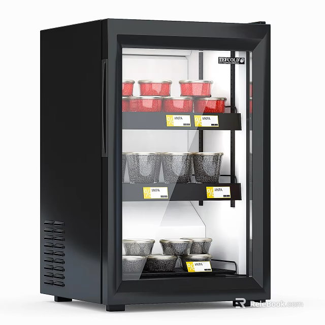 Display Refrigerator with Glass Door and Shelves Holding Red and Gray Containers with Yellow Labels 3d model 