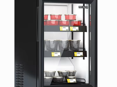 Display Refrigerator with Glass Door and Shelves Holding Red and Gray Containers with Yellow Labels 3d model