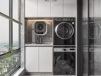 Home Balcony Laundry Area With Washing Machine Dryer Storage Cabinets And Window 3d model