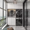 Home Balcony Laundry Area With Washing Machine Dryer Storage Cabinets And Window