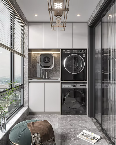 Home Balcony Laundry Area With Washing Machine Dryer Storage Cabinets And Window 3d model
