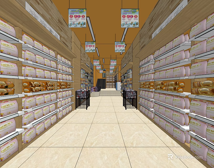 Well Organized Bakery Specialty Store With Shelves Aisles Fresh Bread Products And Hanging Signs 3d model 