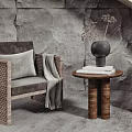 Casual Sofa Combination With Woven Chairs Stone Wall Background Small Round Table And Rug Plant