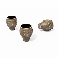 Decorative Set of Three Brown Ceramic Vessels with Gold Engraved Patterns and Smooth Surface