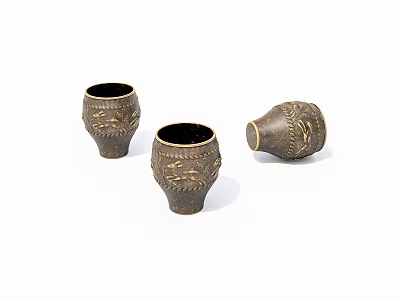 Decorative Set of Three Brown Ceramic Vessels with Gold Engraved Patterns and Smooth Surface 3d model