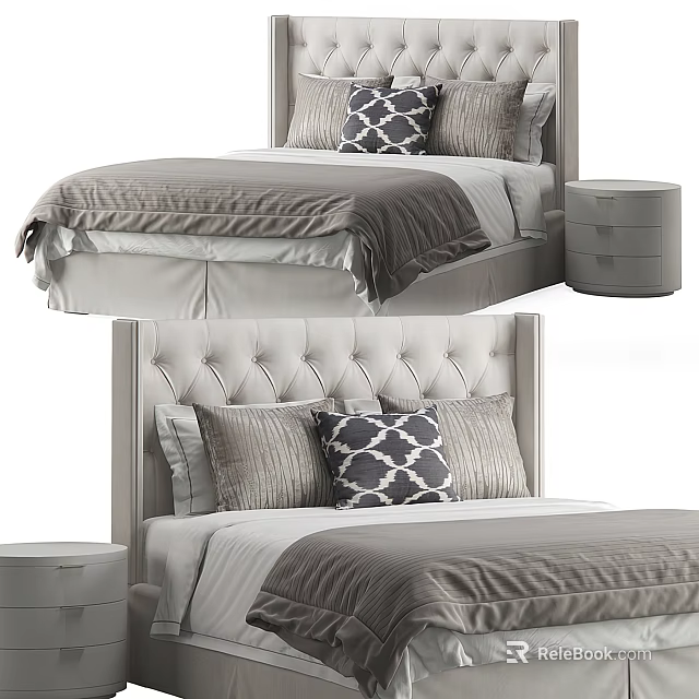 Sleek Modern Double Bed With Tufted Headboard Gray Bedding And Wooden Nightstand 3d model 