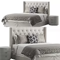 Sleek Modern Double Bed With Tufted Headboard Gray Bedding And Wooden Nightstand