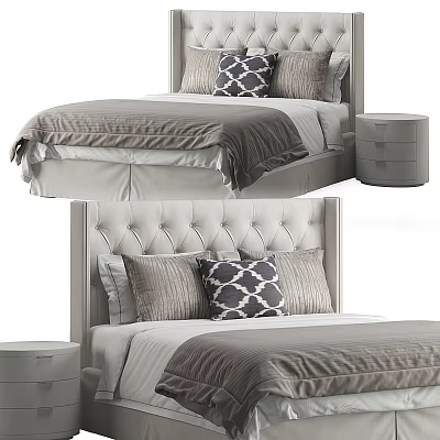 Sleek Modern Double Bed With Tufted Headboard Gray Bedding And Wooden Nightstand 3d model