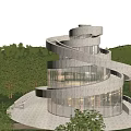 Spiral Modern Tower Design With Glass Structure Surrounded by Trees at Sunset