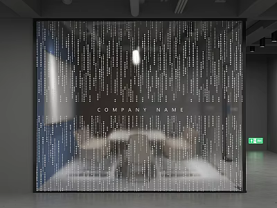 Modern Office Glass Wall Design With Digital Dot Pattern And Company Name 3d model