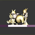 Three Yellow Game and Movie Action Figures Standing Squatting with Backpack on Pink Reflective Platform