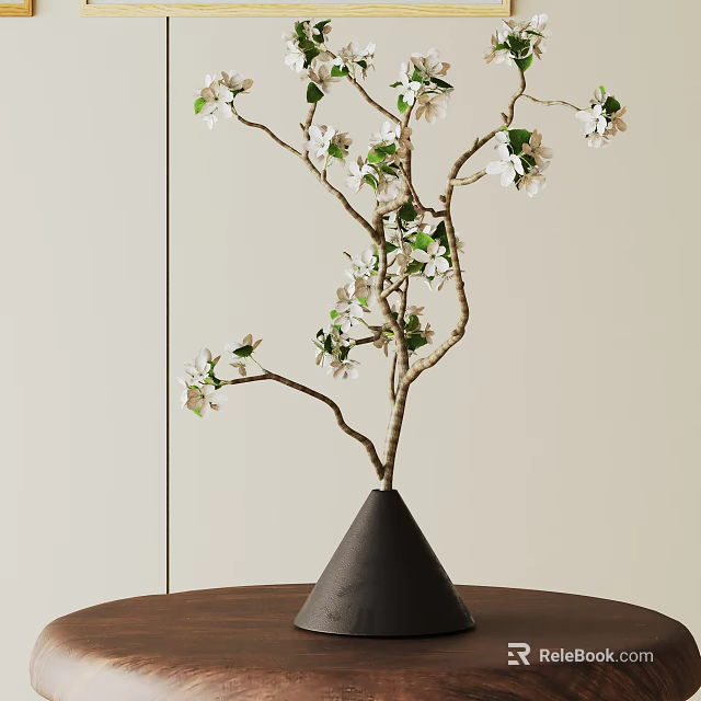 Bonsai Plant With White Flowers Green Leaves In Black Conical Pot On Wooden Table 3d model 