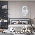 Modern Kids Room Featuring Bed Desk Bookshelves Stuffed Toys Astronaut Wall Decal And Pendant Lights