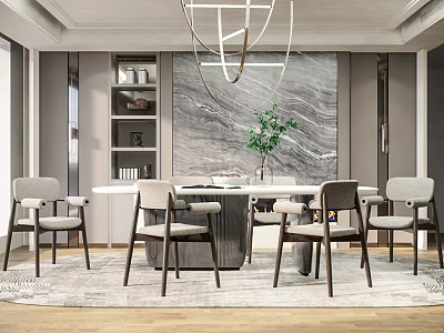 Elegant Modern Restaurant Interior With Marble Backdrop Dining Table Chairs Hanging Light And Green Plant 3d model