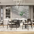 Elegant Modern Restaurant Interior With Marble Backdrop Dining Table Chairs Hanging Light And Green Plant