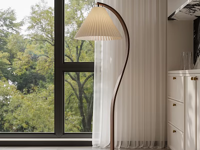 Modern Floor Lamp With Pleated Shade Near Window White Curtains And Green Trees Outside 3d model