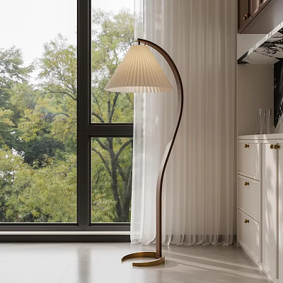 Modern Floor Lamp With Pleated Shade Near Window White Curtains And Green Trees Outside 3d model