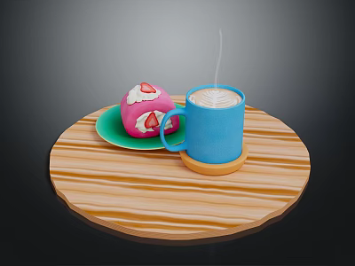 Pink Dessert With Strawberry Decoration And Blue Steaming Coffee Cup On Wooden Round Tray 3d model