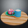 Pink Dessert With Strawberry Decoration And Blue Steaming Coffee Cup On Wooden Round Tray