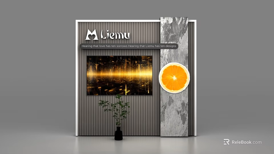 Liema Commercial Equipment Display Stand With Screen Orange Graphic Green Plant And Marble Texture 3d model 