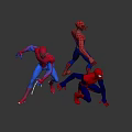Spider Man Action Figures Three Red Blue Different Poses Kneeling Standing With Sword 3d model